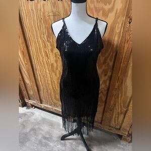 Elegant Black Fringe Midi Dress